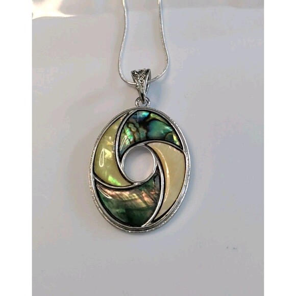 Undefined Jewelry - To Silver Plated Abalone Oval Pendant On 18" Silver Tone Snake Chain